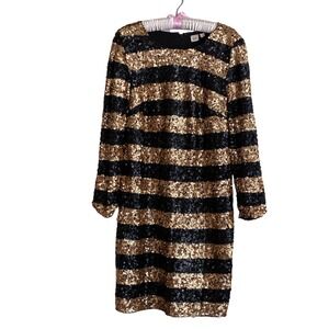 GAP Sequin Striped Long Sleeve Formal Dress Black Gold Size M Party Glam Sparkly
